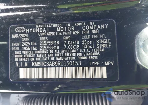 2024 Hyundai Kona Sel z USA, uszkodzony, nr VIN KM8HC3AB9RU150153